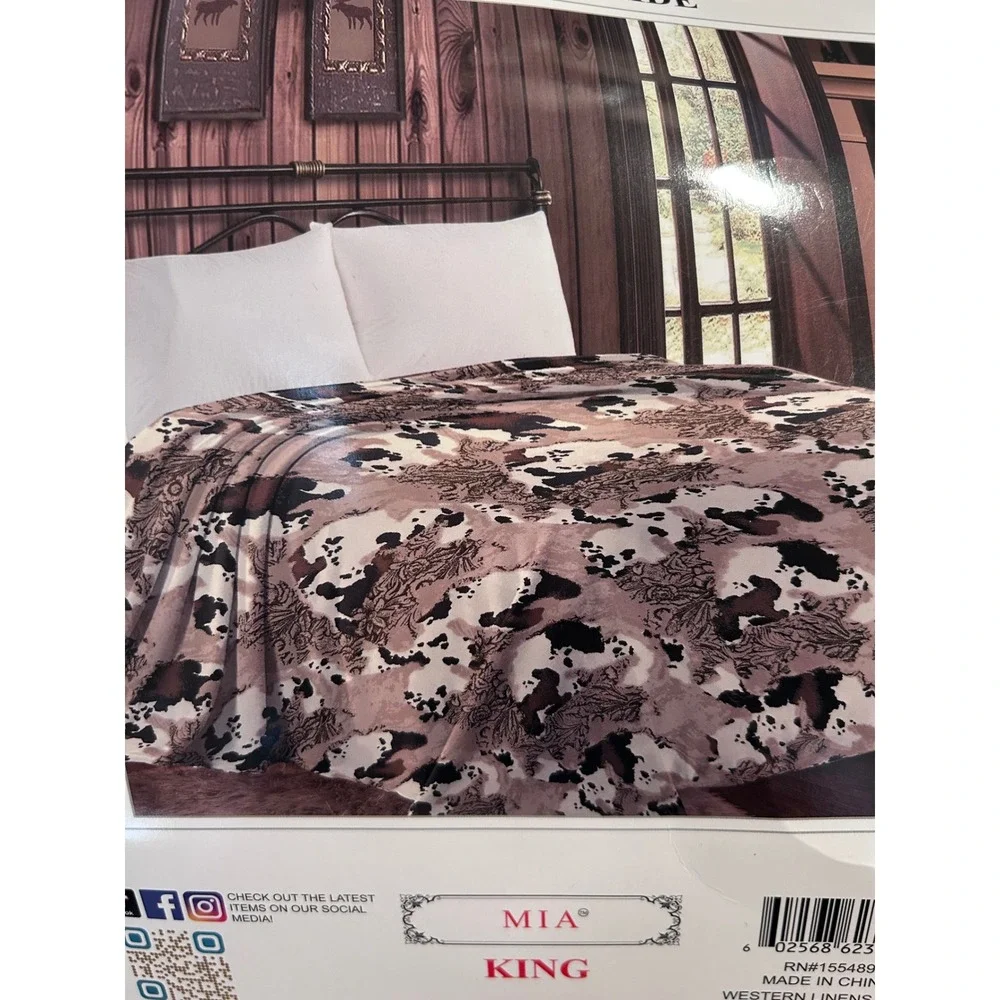 MIA Blanket King Brown Cow Print Floral Western Fleece Bedding New Cowgirl‎